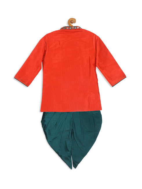 Vastramay SISHU Boys Orange Embroidered Angrakha Mirror Work Kurta With Dhoti Pants